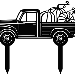 Silhouette of a vintage truck garden stake with pumpkins in the truck bed. The design is laser-cut from natural aluminum, featuring intricate details of the truck's body and wheel arches, with two stakes at the bottom for securing into the ground. The pumpkins have swirling vines, adding a whimsical touch.